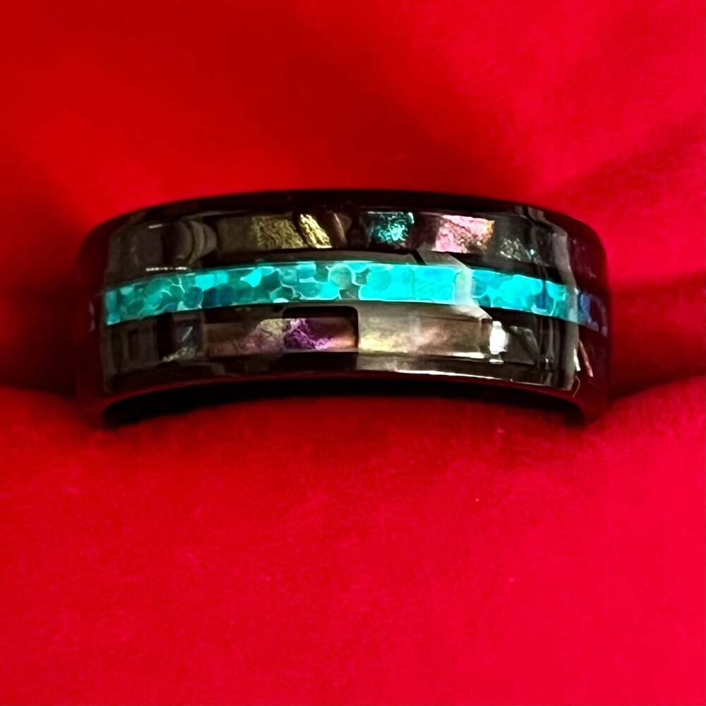Tungsten Black Ring with Turquoise Opal Inlay and Abalone Shell Size 11